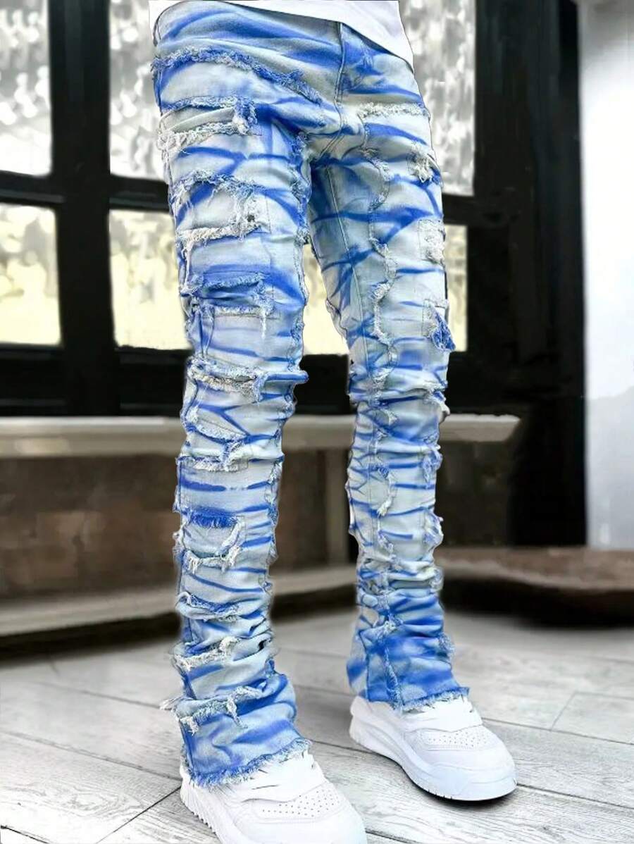 Teen Boy Creative Fringe Graffiti Print Denim Jeans - Light Wash - View 1