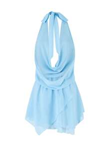 Vestido corto de tirantes de verano para mujer de unicolor sin mangas con cuello colgante y espalda descubierta - Azul - Ver 7