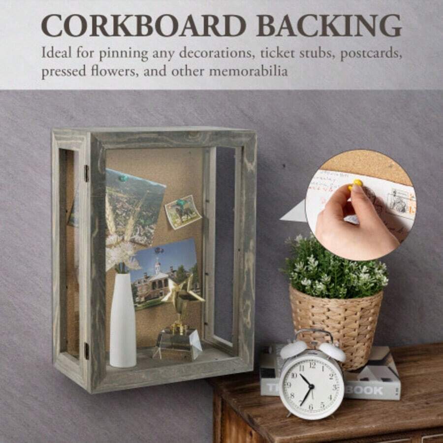 MyGift Gray Wood Hinged Shadow Boxes Display Cases With Door, Wall