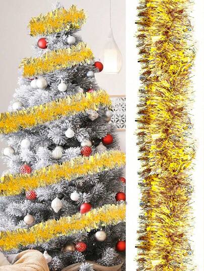 2pcs-78.74inches Gold Christmas Tinsel Garland Artificial Christmas Garland Xmas Metallic Twist Hanging Garland Fireplace Mantel Wreath Decor For Staircase Railing Indoor Outdoor Ornaments,Gold Shiny Metallic Aluminum Foil Tassel Wreath, Christmas Tree Decor Wreath, For Holiday Party Backdrop