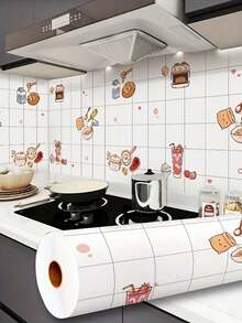 1 Roll Cartoon Kitchen Themed Pattern Removable Waterproof Oil-Proof Self-Adhesive Contact Paper And Wallpaper, For Living Room, Kitchen, Bedroom, Home And Dorm Furniture Decor