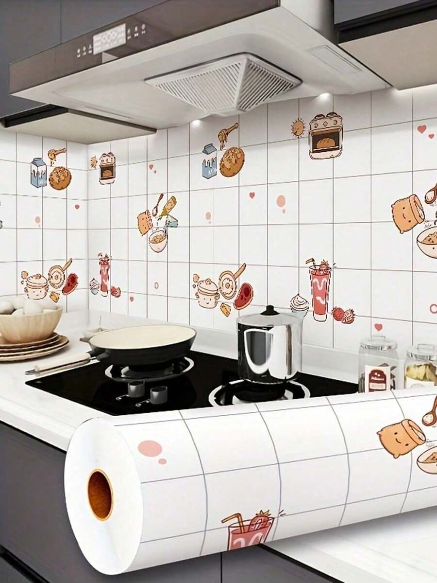 1 Roll Cartoon Kitchen Themed Pattern Removable Waterproof Oil-Proof Self-Adhesive Contact Paper And Wallpaper, For Living Room, Kitchen, Bedroom, Home And Dorm Furniture Decor