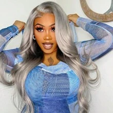 13x4 Lace Frontal Silver Grey Colored 100% Human Hair For Women Body Wave Brazilian Virgin Hair Wig Transparent Lace Frontal Human Hair Wig Pre Plucked 26inch Wig For Daily Use - Grey - View 3