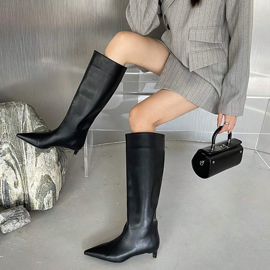 Women's Pointed Toe Thigh High Boots, Chunky Heel Riding Boots, Fashion Boots For Autumn/Winter - Black - View 1