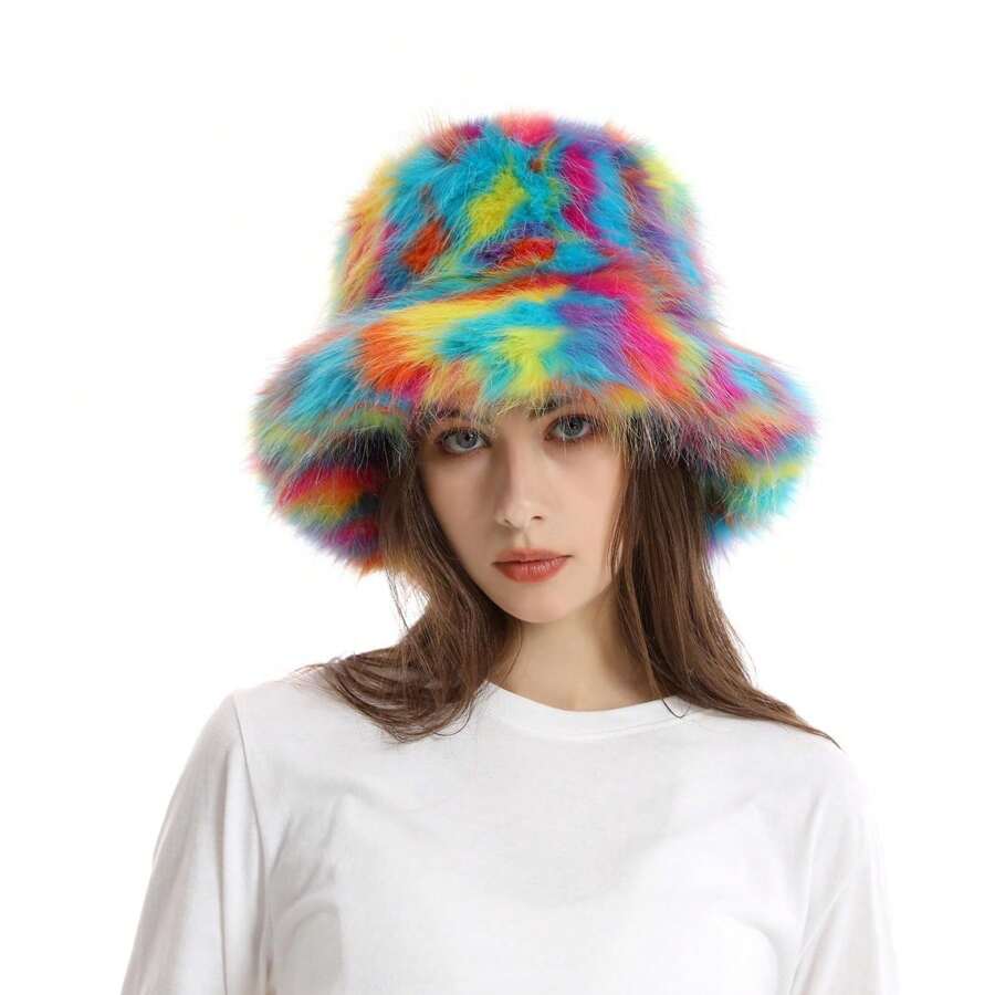 1pc Women Color Block Fluffy Bucket Hat For Winter Fashion Thick Warm Multi Colors Fox Fur Hats - Multicolor - View 1