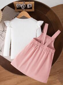 Conjunto de 2 piezas para niñas, con parte superior de manga raglán de unicolor y acanalada, talla grande falda línea A con bolsillo babero - Blanco - Ver 2