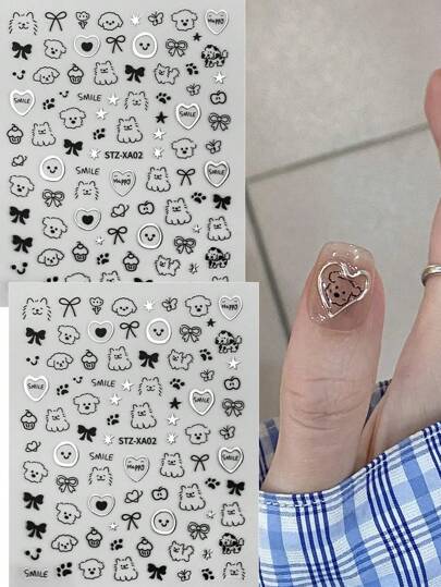 FULL BEAUTY 2 قطعة ملصقات فن الأظافر بتصاميم كارتونية لقطط وكلاب سوداء مرسومة بغرافيتي، نجوم وفتحات وحب، متميزة بطراز كاواي الياباني، إكسسوارات وإمدادات تزيين الأظافر DIY