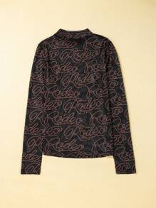 CILKOO Western Cowboy Print Turtleneck Long Sleeve Mesh Top, Spring - Black - View 7