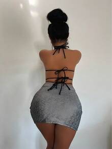 Bộ đồ 3 mảnh Sexy Spice Tie-Up Bra Quần short Váy phù hợp cho quý cô thường ngày thích hợp cho các bữa tiệc, lễ hội và Giáng sinh - Bạc - Xem 2