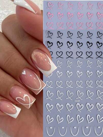 3 PCS Black White Pink Heart Nail Art Stickers Hollow Heart 3D Nail Decals French Line Heart Sliders Simple Nail Art Decoration For Valentine Wedding Bride Manicure Tips