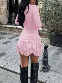 1 件女式修身纯色荷叶边针织连衣裙 - 粉色 - 查看 2