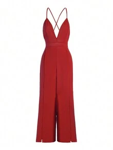 Vaiaye 女士纯色交叉露背深V性感吊带圣诞连体裤 - 紅色 - 查看 3