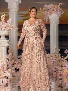 Faeriesty Mosy Mother Of The Bride Plus-Size Formal Dress: Floral Sequin Embroidery Surplice V-Neck Elegant Evening Gown