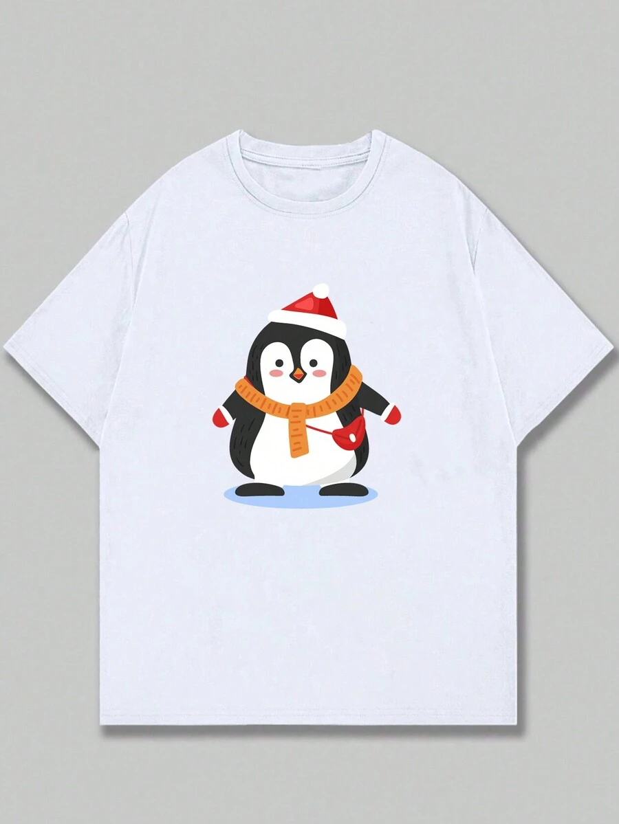 Printed T-Shirt Cotton Comfortable Summer Christmas Atmosphere Stylish Breathable T-Shirt - 白色 - 查看 1