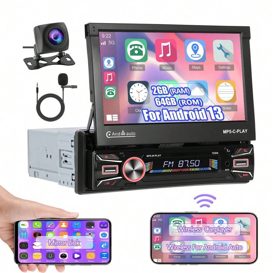 Single Din 2G+64G Android Car Stereo Wireless Carplay Android Auto, 7