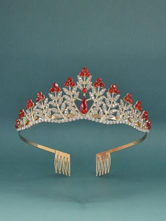 1pc Red Crystal Queen Crown With Rhinestones, Bridal Tiara, Pageant/Wedding Crown, Jewelry Gift