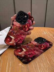 1 件性感唇形樱桃图案条纹仿皮防震防指纹软手机壳兼容 iPhone 和型号 - 彩色 - 查看 2