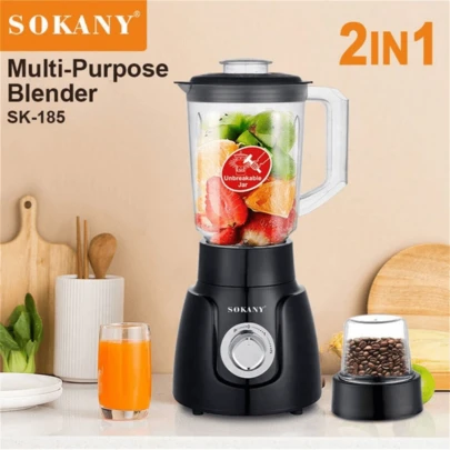 SOKANY SK-185 多功能搅拌机二合一食物料理机，配备 500W 大功率、1500ML 大容量、内置咖啡/香料研磨器、不锈钢刀片，适用于绞肉、榨汁、研磨豆类等，方便实用，是家庭厨房的理想之选，可处理多种食材，是情人节、感恩节、圣诞节和其他节日的完美礼物。