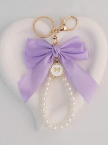 1 Elegant Faux Pearl And Bow Decoration Keychain Pendant With Creative Colorful Woven Ribbon Fabric Knot Accessories, Headphone And Mobile Bag Accessories