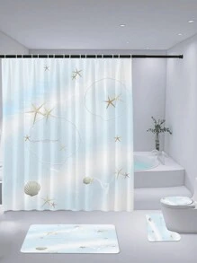 1 件/4 件浪漫简约蓝色海星和贝壳印花浴帘，多色背景图案浴室装饰，防水面料浴帘套装（带 12 个挂钩），防滑浴室垫，U 型马桶垫，马桶座套，浴室配件秋季装饰返校 - 彩色 - 查看 1