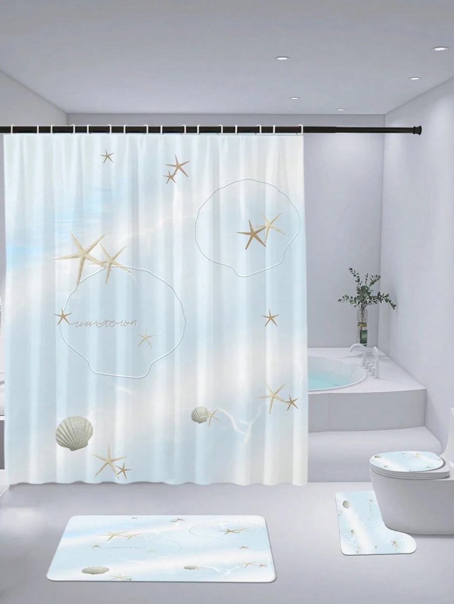 1 件/4 件浪漫简约蓝色海星和贝壳印花浴帘，多色背景图案浴室装饰，防水面料浴帘套装（带 12 个挂钩），防滑浴室垫，U 型马桶垫，马桶座套，浴室配件秋季装饰返校 - 彩色 - 查看 1