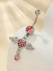 1pc Pink Zirconia Heart & Butterfly Navel Belly Button Piercing Jewelry - Silver - View 12