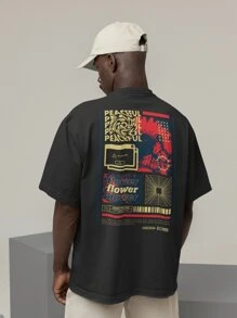 Shirt Oversized Turtleneck T-Shirt Streetwear Men And Women 100% Cotton Urban Style For Training And Everyday Black And Off Whte Printed - PEACEFUL - 黑色 - 查看 1