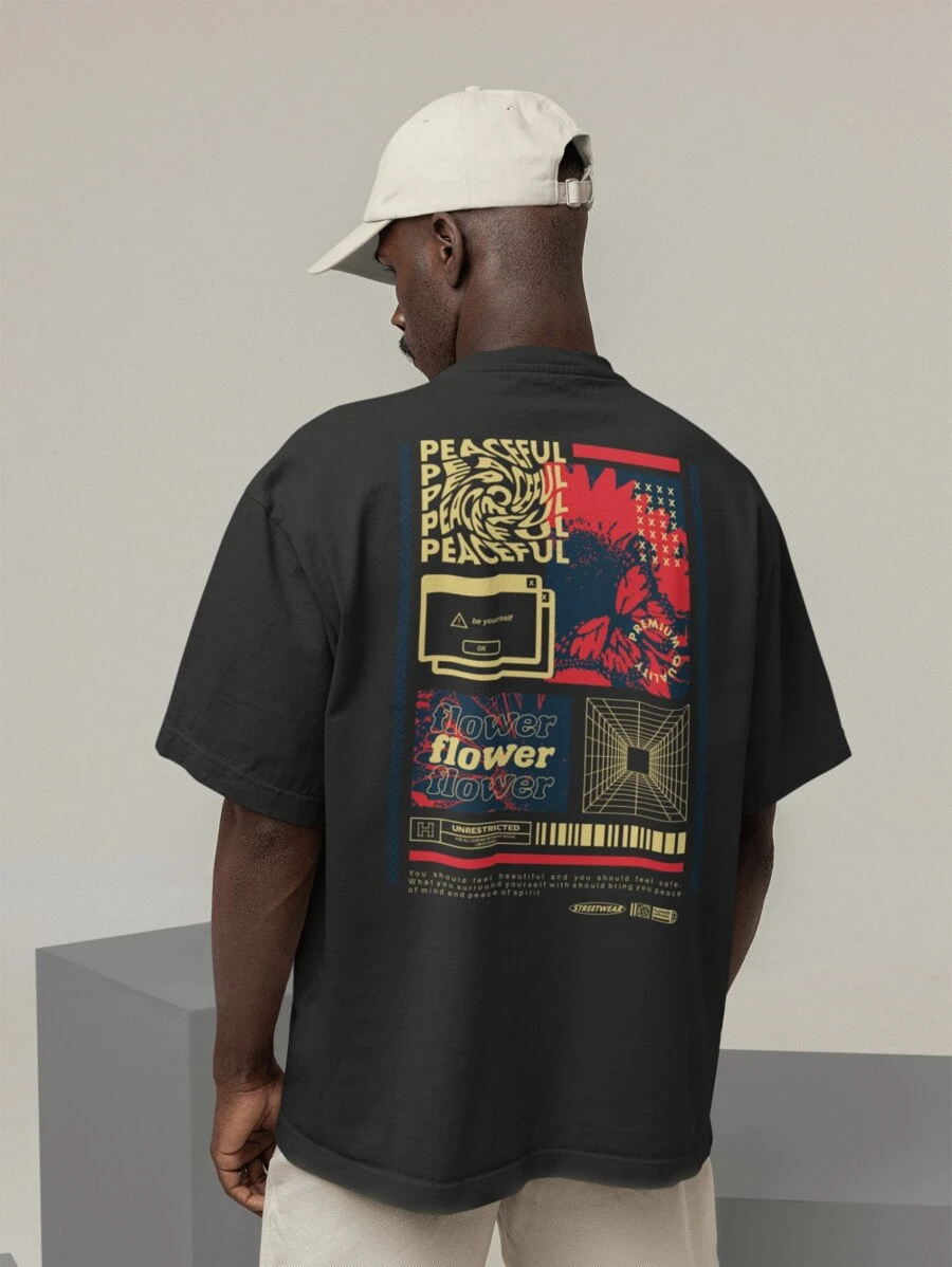 Shirt Oversized Turtleneck T-Shirt Streetwear Men And Women 100% Cotton Urban Style For Training And Everyday Black And Off Whte Printed - PEACEFUL - 黑色 - 查看 1