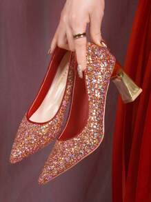 闪亮水钻亮片时尚性感红色高跟一脚蹬鞋，女士厚底粗跟尖头细高跟优雅银色鞋 - 紅色 - 查看 1