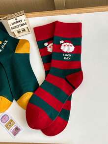 1 双女式圣诞老人条纹卡通图案圣诞可爱甜美舒适时尚假日休闲中筒袜，适合圣诞节装扮 - 彩色 - 查看 4
