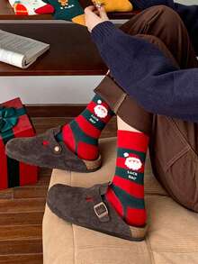 1 双女式圣诞老人条纹卡通图案圣诞可爱甜美舒适时尚假日休闲中筒袜，适合圣诞节装扮 - 彩色 - 查看 5