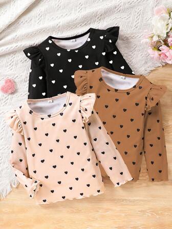 3 件装年轻女孩休闲心形印花长袖圆领 T 恤，适合春秋季节、休闲、运动、户外、日常穿着、上学