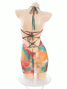 Sexy Deep V Tie-Dye Print Slip Dress, Backless Summer Beach Swimsuit Camisole Set - Multicolor - View 9