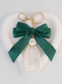 1 Elegant Faux Pearl And Bow Decoration Keychain Pendant With Creative Colorful Woven Ribbon Fabric Knot Accessories, Headphone And Mobile Bag Accessories