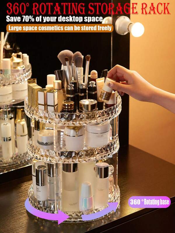 1pc 360° Rotating Makeup Organizer, Tabletop Storage Rack, Bathroom Cosmetic Organizer, Makeup Organizing Box, Open Storage Box, Vanity Makeup Storage, Bathroom Accessories, Rotating Storage Tray, For Storing Cosmetics, Perfume, Lipstick, Face Wash, Shampoo, Sponge, Eyeshadow Palette, Shower Gel, Kitchen Items, Cosmetic Storage Box, Home Decor, Bedroom Decor, Bathroom Decor, Kitchen Accessories