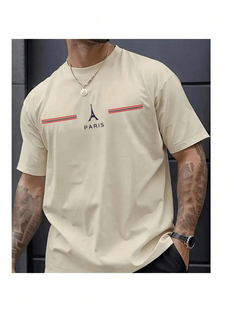 Stylish Men's T-Shirt PARIS TOWER 100% Cotton Short Sleeve Round Neck - Màu Khaki - Xem 1
