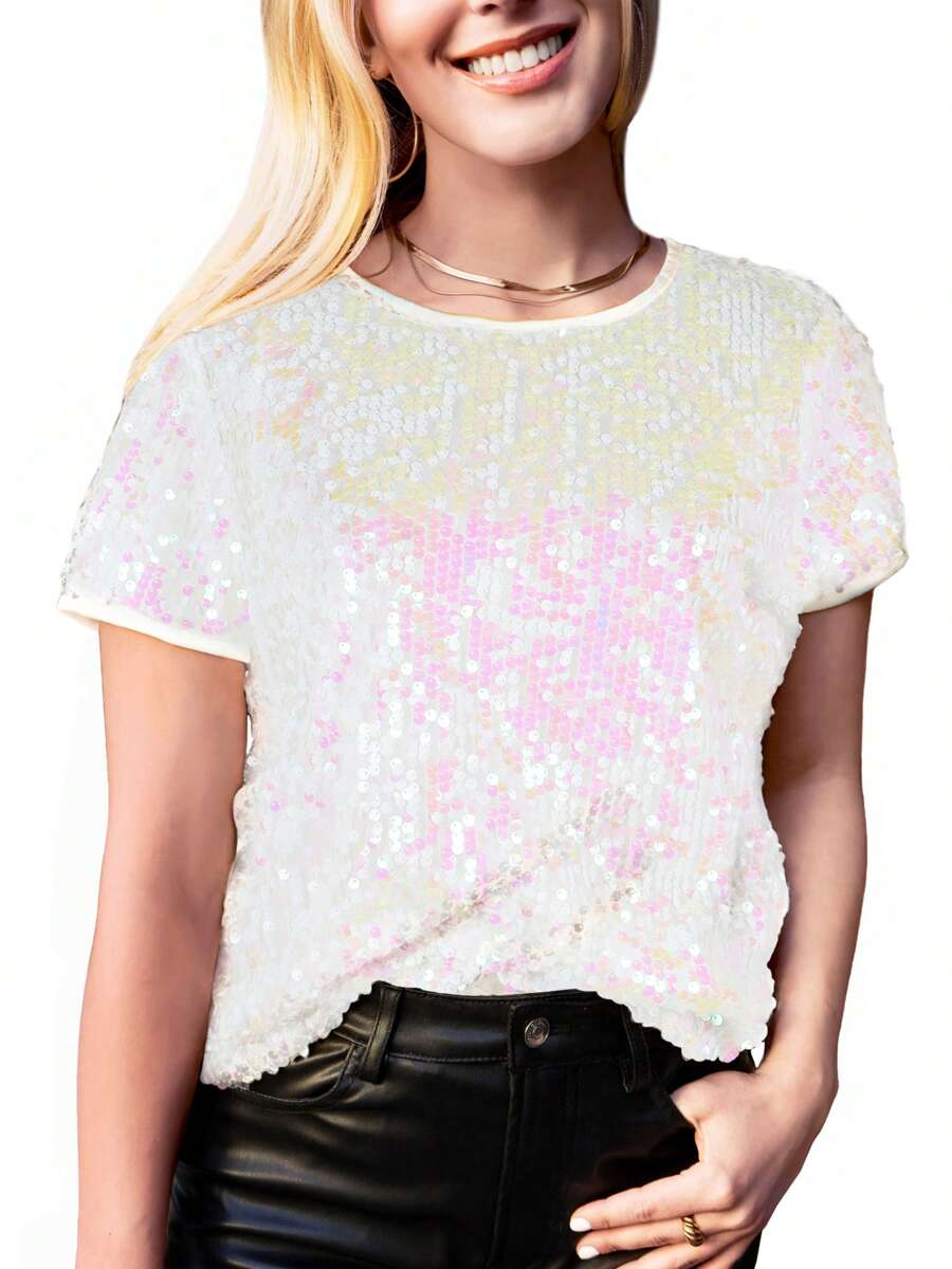 Women's Sparkly Sequin Top Short Sleeve Glitter Concert Party Disco Shirt Blouse - trắng - Xem 1