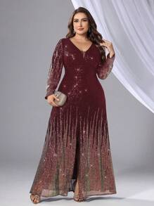 Plus Size Elegant V-Neck Sequin Colorblock Formal Evening Gown - Burgundy - View 1