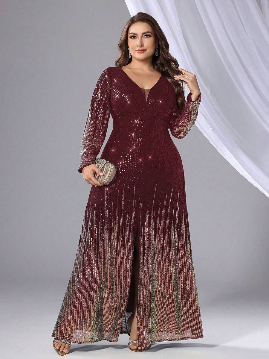 Plus Size Elegant V-Neck Sequin Colorblock Formal Evening Gown - Burgundy - View 1