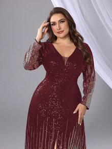 Plus Size Elegant V-Neck Sequin Colorblock Formal Evening Gown - Burgundy - View 5
