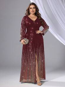 Plus Size Elegant V-Neck Sequin Colorblock Formal Evening Gown - Burgundy - View 7