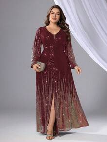 Plus Size Elegant V-Neck Sequin Colorblock Formal Evening Gown - Burgundy - View 6