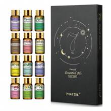 PHATOIL Premium Essential Oils Set 12pcs 5ml/0.17fl.Oz Essential Oils +Essential Oil Diffused Wood For Diffusers Humidifier Home Aromatherapy-Lavender, Eucalyptus, Peppermint, Sandalwood, Lemon, Rose, Bergamot, Tea Tree, Citronella, Geranium, Lemongrass, Clary Sage