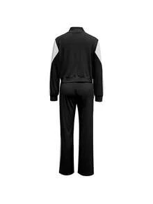 两件套女士时尚舒适撞色拉链外套和休闲长裤套装，运动风，春秋季黑色 - 黑色 - 查看 7