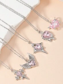 1 件完美时尚银色不锈钢链配粉色红心皇后吊坠项链女士日常佩戴项链首饰 - 粉色 - 查看 6