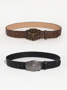 1 pieza Cinturón con hebilla vintage grabada de estilo occidental para mujer, para festival de música en verano, escuela en otoño, Halloween - Multicolor - Ver 3