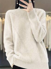 大码立领长袖纯色简约休闲套头毛衣，春季/冬季女装秋季上衣，优雅女式衬衫，假日女装，白色上衣 - 米色 - 查看 3