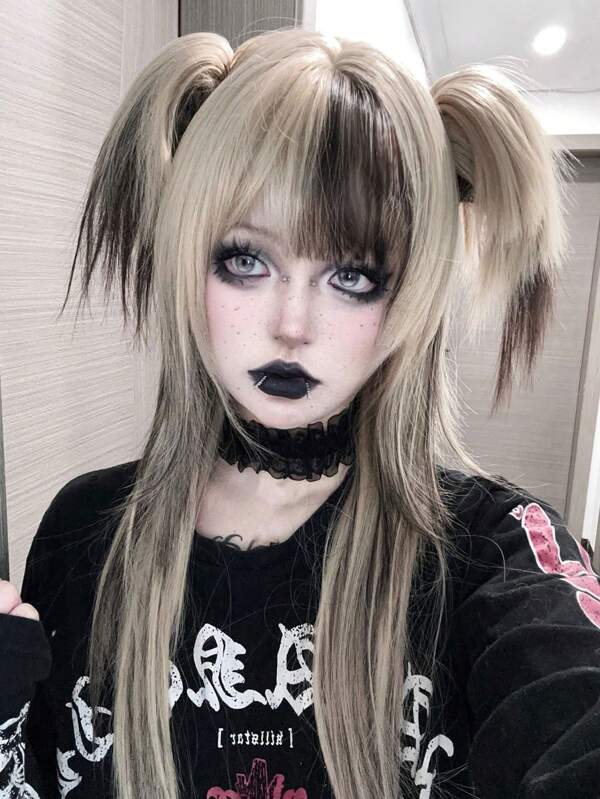 alicegarden 1 Stücke synthetisches, hitzebeständiges, langes, glattes Haar, Schwanzzubehör zum Anklipsen, mehrfarbige Perücke mit Pony, 28 Zoll gewebte, natürliche, realistische Perücke für den Alltag