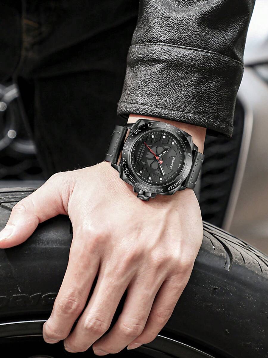 男士手表高品质真皮表带圆形表盘防水石英男士时钟圣诞礼物礼盒 - 黑色 - 查看 1