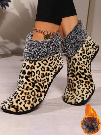 1pair Men & Women Leopard Print Thermal Lined Socks, Warm And Sexy, Plus Size, For Winter Sleep